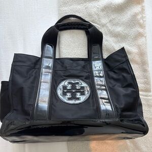 Tory Burch Black Tote with Logo and Patent Trim
